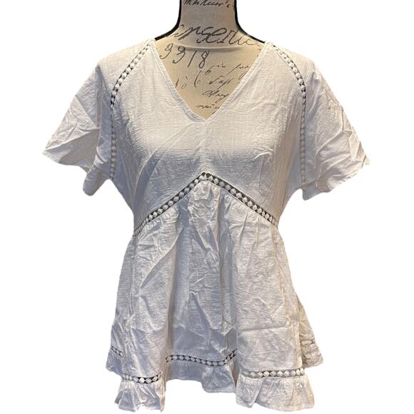 Bloomchic Cotton White Boho Babydoll V Neck Shirt Size 12 - Picture 1 of 5